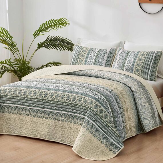 WONGS BEDDING Boho-Steppdecken-Set für Kingsize-Bett, Beige, 3-teilig, gestreift, Boho-Stil, weiche, leichte Mikrofaser, für alle Jahreszeiten (271 x 228 cm)