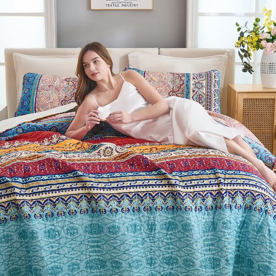 Böhmisches Bettwäsche-Set für Doppelbett, Boho-Streifen, bedrucktes Bettwäsche-Set, Decke mit Kissenbezügen, leichtes Mikrofaser-Tagesdecken-Set für alle Jahreszeiten (2-teilig, Doppelbettgröße)