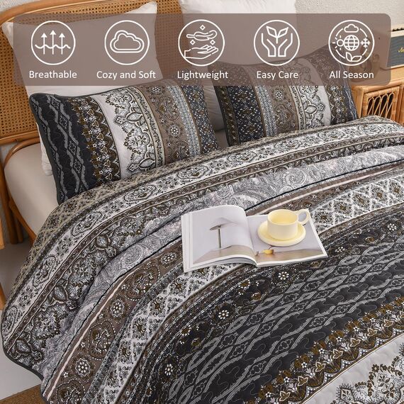 WONGS BEDDING Boho-King-Size-Steppdecken 3-teilig – Dunkelbraunes Bettdecken-Set mit Blumenmuster, weiche, leichte Boho-Tagesdecke mit gestreiftem Quilt für alle Jahreszeiten (King, 264 x 229 cm)