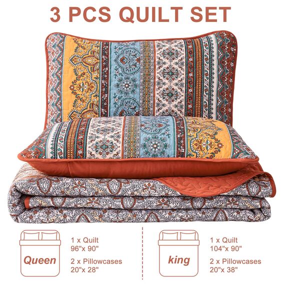 WONGS BEDDING Boho-Steppdecken-Set Queen-Size – gebranntes Orange, 3-teilig, Herbst-Bettdecken-Set, Streifen, weiche, leichte Mikrofaser, Weihnachten/Halloween, alle Jahreszeiten (Queen, 244 x 229 cm)