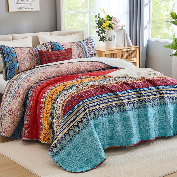 Böhmisches Bettwäsche-Set für Doppelbett, Boho-Streifen, bedrucktes Bettwäsche-Set, Decke mit Kissenbezügen, leichtes Mikrofaser-Tagesdecken-Set für alle Jahreszeiten (2-teilig, Doppelbettgröße)