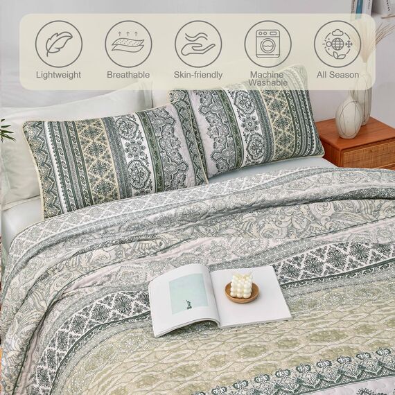 WONGS BEDDING Boho-Steppdecken-Set für Kingsize-Bett, Beige, 3-teilig, gestreift, Boho-Stil, weiche, leichte Mikrofaser, für alle Jahreszeiten (271 x 228 cm)