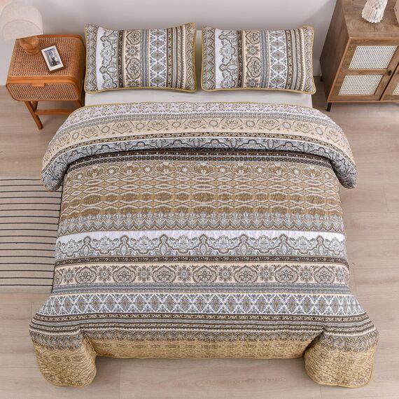 WONGS BEDDING Steppdecken-Set für Kingsize-Bett, Boho-Streifen, 3-teilig, Boho-Stil, leichte Mikrofaser, Ganzjahres-Bettwäsche-Set für Queensize-Bett (264,2 x 228,6 cm), Braun
