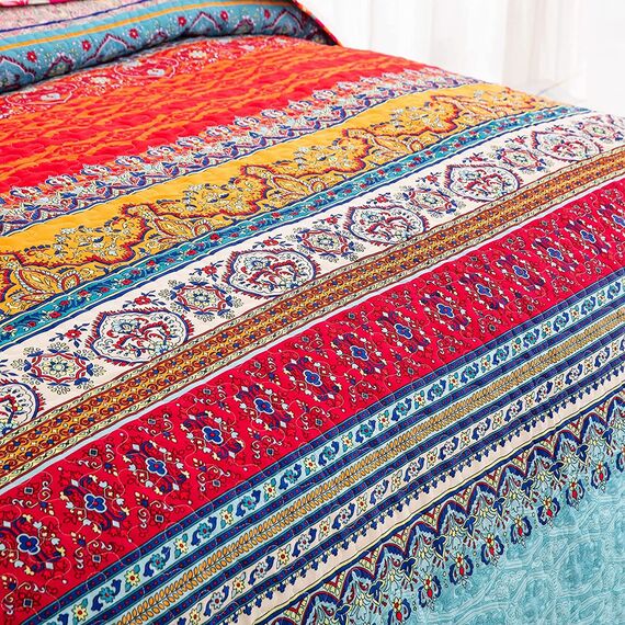 WONGS BEDDING Boho-Steppdecken-Set Full-Size – Boho-Orange-Blaues Streifen-3-teiliges Bettdecken-Set, leichte Mikrofaser, für alle Jahreszeiten (Full, 198 x 229 cm)