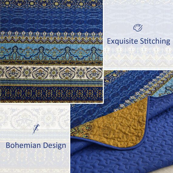 WONGS BEDDING Boho-King-Size-Steppdecken 3-teilig – Blau-Braunes Bettdecken-Set mit Blumenmuster, weiche, leichte Boho-Tagesdecke mit gestreiftem Quilt für alle Jahreszeiten (King, 264 x 229 cm)
