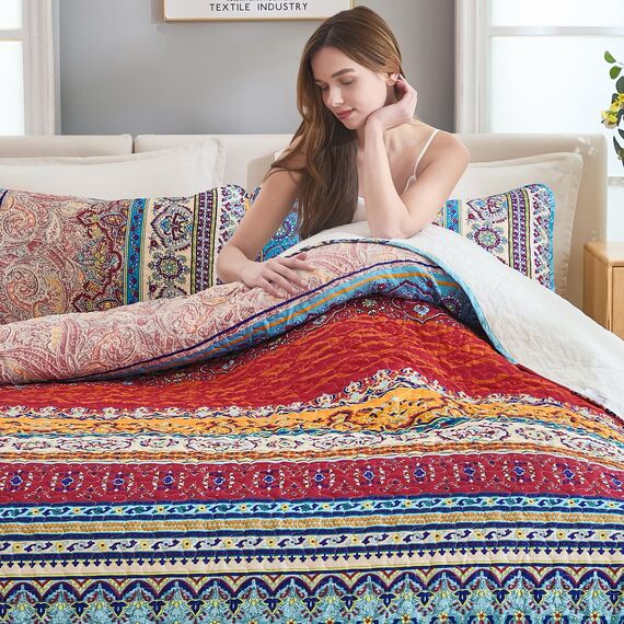 WONGS BEDDING Boho-Bettwäsche-Set, California Kingsize, Boho-Streifenmuster, Tagesdecken-Set für alle Jahreszeiten, weiche Mikrofaser, 269,2 x 243,8 cm, 3-teilig