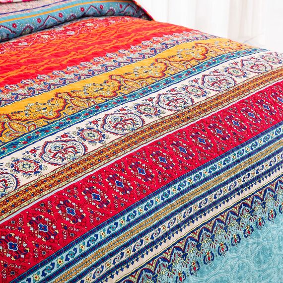 WONGS BEDDING Boho-Steppdecke, Kingsize, Orange und Blau, Boho-King-Steppdecke, für alle Jahreszeiten, leichte Tagesdecke für Schlafzimmer, Dekoration, 261,6 x 228,6 cm, 3 Stück