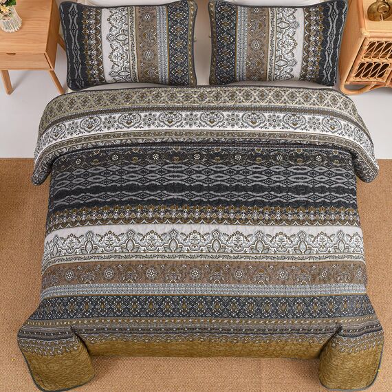 WONGS BEDDING Boho-Steppdecken-Set Queen-Size – Boho-Gestreiftes Bettdecken-Set mit 2 Kissenbezügen, Dunkelbraunes Steppdecken-Set für Bauernhaus-Schlafzimmer (Queen, 244 x 229 cm)