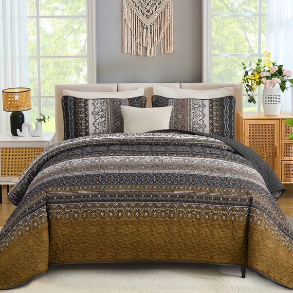 WONGS BEDDING Boho-Steppdecken-Set Queen-Size – Boho-Gestreiftes Bettdecken-Set mit 2 Kissenbezügen, Dunkelbraunes Steppdecken-Set für Bauernhaus-Schlafzimmer (Queen, 244 x 229 cm)