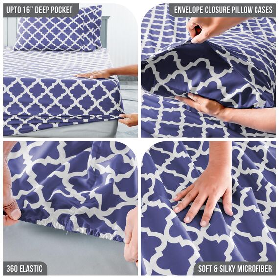 LUX Décor Quatrefoil Bettwäsche-Set – 4-teiliges ultraweiches Mikrofaser-Bettlaken mit Bettlaken, 40,6 cm tiefem Spannbetttuch und Kissenbezügen, atmungsaktiv, Schlafzimmer-Dekor, ÖKO, Marineblau