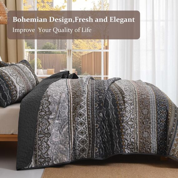 WONGS BEDDING Boho-King-Size-Steppdecken 3-teilig – Dunkelbraunes Bettdecken-Set mit Blumenmuster, weiche, leichte Boho-Tagesdecke mit gestreiftem Quilt für alle Jahreszeiten (King, 264 x 229 cm)