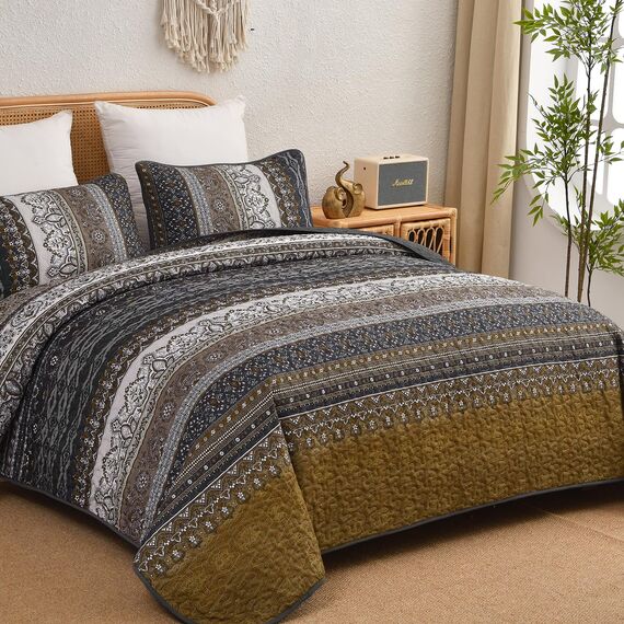 WONGS BEDDING Boho-King-Size-Steppdecken 3-teilig – Dunkelbraunes Bettdecken-Set mit Blumenmuster, weiche, leichte Boho-Tagesdecke mit gestreiftem Quilt für alle Jahreszeiten (King, 264 x 229 cm)
