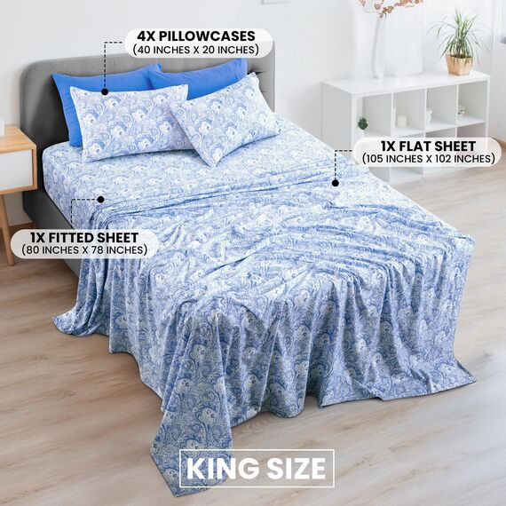 LUX Décor Paisley-King-Bettwäsche-Set, 6-teilig, ultraweiches Mikrofaser, Bettlaken mit 40,6 cm tiefem Spannbetttuch und 4 Kissenbezügen, atmungsaktiv, Schlafzimmer-Dekor, Oeko-TEX - Blau