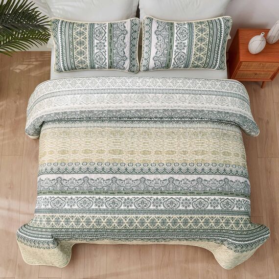 WONGS BEDDING Boho-Steppdecken-Set für Kingsize-Bett, Beige, 3-teilig, gestreift, Boho-Stil, weiche, leichte Mikrofaser, für alle Jahreszeiten (271 x 228 cm)
