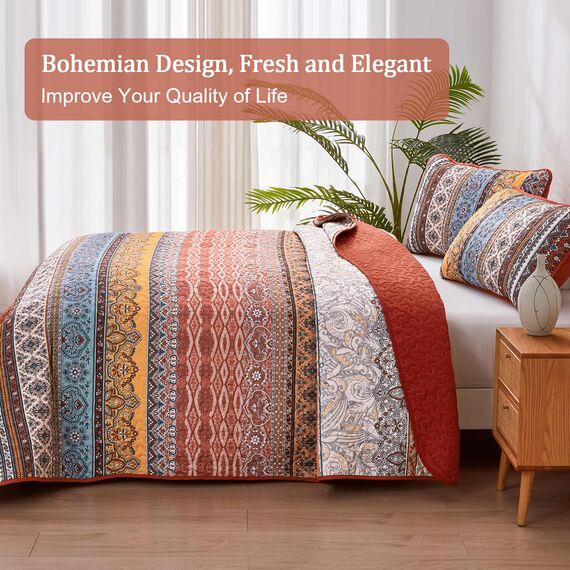 WONGS BEDDING Boho-Steppdecken-Set Queen-Size – gebranntes Orange, 3-teilig, Herbst-Bettdecken-Set, Streifen, weiche, leichte Mikrofaser, Weihnachten/Halloween, alle Jahreszeiten (Queen, 244 x 229 cm)