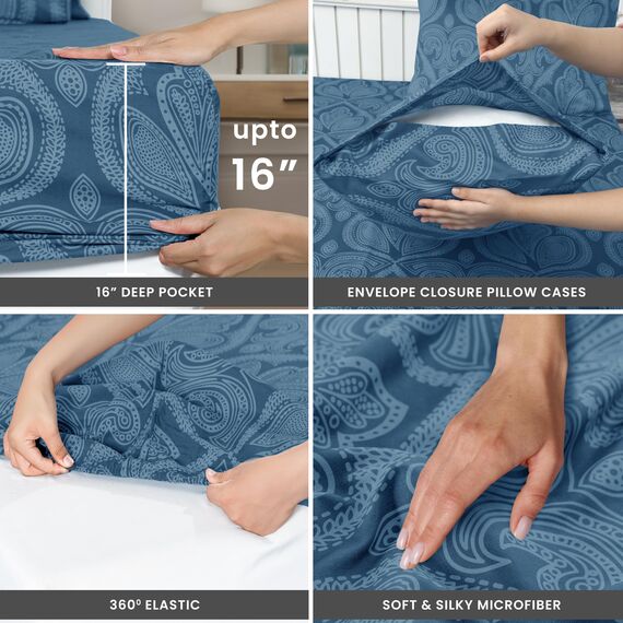 LUX Décor Paisleymuster Queen-Bettwäsche-Set, 6-teilig, weiche Mikrofaser, knitterfrei, luxuriös Bedruckt, inkl. Bettlaken, Spannbetttuch mit tiefen Taschen und 4 Kissenbezügen, Marineblau
