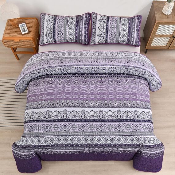 WONGS BEDDING Boho-Steppdecken-Set Queen-Size – Boho-Lila 3-teiliges Steppdecken-Set mit Streifen, leichte Mikrofaser, für alle Jahreszeiten, Bettdecken-Set für Queen-Bett (Queen, 244 x 229 cm)