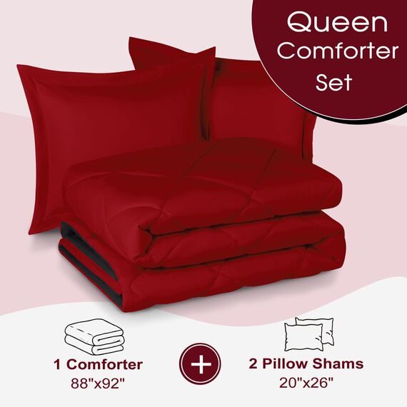 Basic Beyond Queen-Bettwäsche-Set – Rot und Schwarz, Queen-Size-Bett, wendbares Bettdecken-Set für alle Jahreszeiten, 1 Bettdecke (223,5 x 233,7 cm) und 2 Kissenbezüge (50,8 x 66 cm + 5,1 cm)