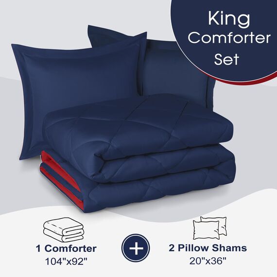 Basic Beyond Bettwäsche-Set für King-Size-Bett, wendbar, für alle Jahreszeiten, 1 Bettdecke (264,2 x 233,7 cm) und 2 Kissenbezüge (50,8 x 91,4 cm + 5 cm), Marineblau/Rot