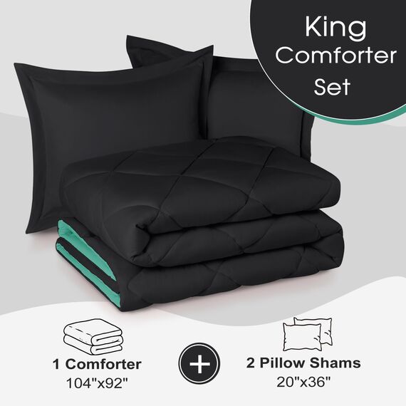 Basic Beyond Bettwäsche-Set für King-Size-Bett, wendbar, für alle Jahreszeiten, 1 Bettdecke (264,2 x 233,7 cm) und 2 Kissenbezüge (50,8 x 91,4 cm + 5 cm), Grün (Minzblatt) / Schwarz