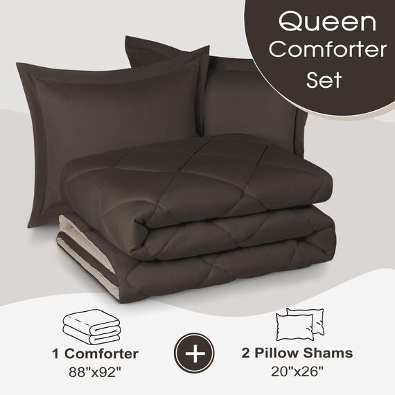 Basic Beyond Queen-Bettwäsche-Set – Braunes Bettdecken-Set für Queen-Size-Betten, wendbares Bettdecken-Set für alle Jahreszeiten, Braun/Elfenbein, 1 Bettdecke (223,5 x 233,7 cm) und 2 Kissenbezüge
