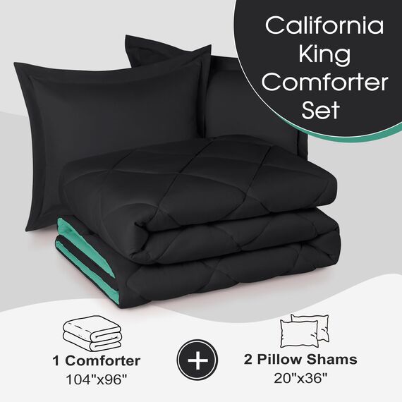 Basic Beyond Bettwäsche-Set für California King-Size, für alle Jahreszeiten, 1 Bettdecke (264,2 x 243,8 cm) und 2 Kissenbezüge (50,8 x 91,4 cm + 5 cm), Schwarz/Minzblatt