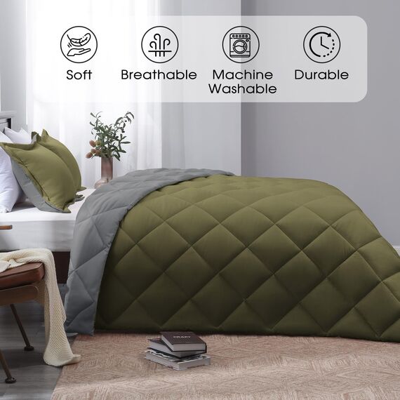 Basic Beyond Bettwäsche-Set für Doppelbett, wendbar, für alle Jahreszeiten, 1 Bettdecke (167,6 x 233,7 cm) und 1 Kissenbezug (50,8 x 66 cm + 5 cm), Olivgrün/Anthrazit