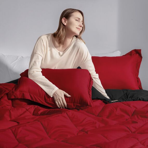 Basic Beyond Bettdecken-Set in King-Size, wendbar, für alle Jahreszeiten, 1 Bettdecke (264,2 x 233,7 cm) und 2 Kissenbezüge (50,8 x 91,4 cm + 5 cm), Rot und Schwarz