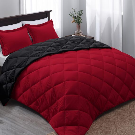 Basic Beyond Daunen-Alternativ-Bettwäsche-Set (Doppelbett, Schwarz/Rot) – wendbare Bettdecke mit 1 Kissenbezug für alle Jahreszeiten