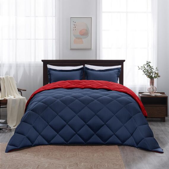 Basic Beyond Bettwäsche-Set für Doppelbetten – Marineblau und Rot, Doppelbett-Bettwäsche-Set für alle Jahreszeiten, Marineblau/Rot, 1 Bettdecke (167.6x233.7 cm) und 1 Kissenbezug (50.8x66 cm + 5.1
