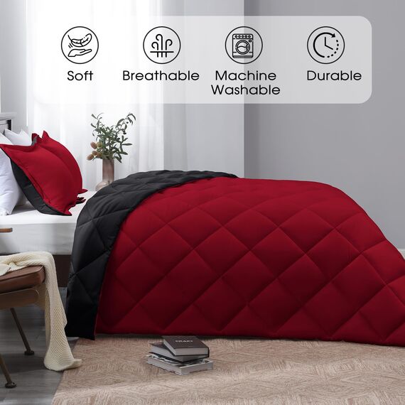 Basic Beyond Queen-Bettwäsche-Set – Rot und Schwarz, Queen-Size-Bett, wendbares Bettdecken-Set für alle Jahreszeiten, 1 Bettdecke (223,5 x 233,7 cm) und 2 Kissenbezüge (50,8 x 66 cm + 5,1 cm)