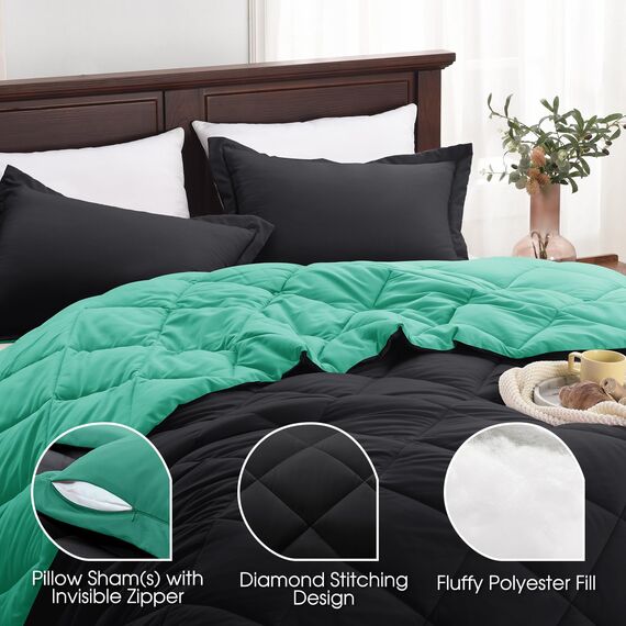 Basic Beyond Bettwäsche-Set für Queen-Size-Bett, wendbar, für alle Jahreszeiten, 1 Bettdecke (223,5 x 233,7 cm) und 2 Kissenbezüge (50,8 x 66 cm + 5 cm), Schwarz/Grün (Minzblatt)