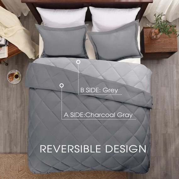 Basic Beyond Bettwäsche-Set für Doppelbett, wendbar, 1 Bettdecke (208,3 x 233,7 cm) und 2 Kissenbezüge (50,8 x 66 cm + 5 cm), Anthrazit/Grau