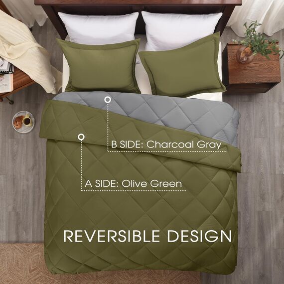 Basic Beyond Queen-Bettwäsche-Set – Olivgrünes Bettdecken-Set für Queen-Size-Betten, wendbares Bettdecken-Set für alle Jahreszeiten, Olivgrün/Anthrazit, 1 Bettdecke (223,5 x 233,7 cm) und 2