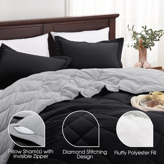 Basic Beyond Bettwäsche-Set für Doppelbett, wendbar, 1 Bettdecke (208,3 x 233,7 cm) und 2 Kissenbezüge (50,8 x 66 cm + 5 cm), Schwarz/Grau