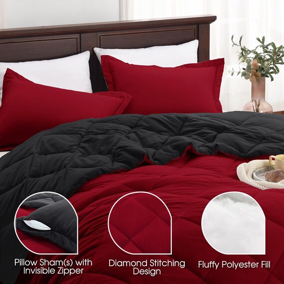 Basic Beyond Bettwäsche-Set für Doppelbett, wendbar, 1 Bettdecke (208,3 x 233,7 cm) und 2 Kissenbezüge (50,8 x 66 cm + 5 cm), Rot/Schwarz