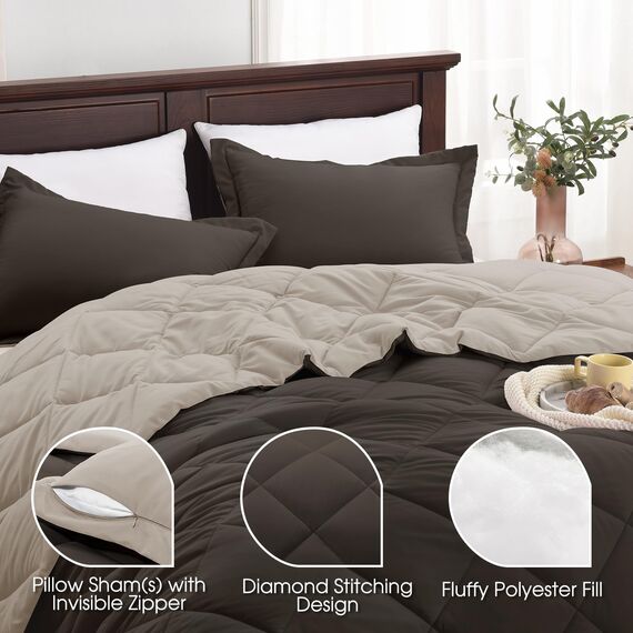 Basic Beyond Bettwäsche-Set für Doppelbett, wendbar, 1 Bettdecke (208,3 x 233,7 cm) und 2 Kissenbezüge (50,8 x 66 cm + 5 cm), Braun/Elfenbeinfarben