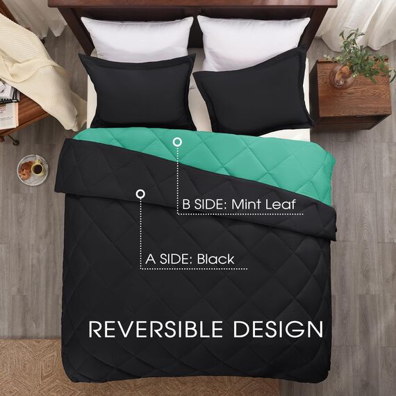 Basic Beyond Bettwäsche-Set für King-Size-Bett, wendbar, für alle Jahreszeiten, 1 Bettdecke (264,2 x 233,7 cm) und 2 Kissenbezüge (50,8 x 91,4 cm + 5 cm), Grün (Minzblatt) / Schwarz