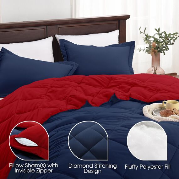 Basic Beyond Bettwäsche-Set für Doppelbetten – Marineblau und Rot, Doppelbett-Bettwäsche-Set für alle Jahreszeiten, Marineblau/Rot, 1 Bettdecke (167.6x233.7 cm) und 1 Kissenbezug (50.8x66 cm + 5.1