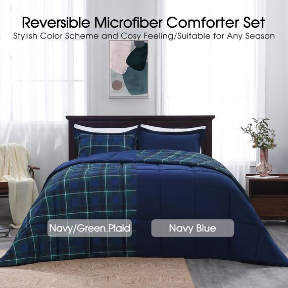 Basic Beyond QueenSizeBettwäscheSet – marineblaues und grünes Büffelkariertes BettdeckenSet für QueenSizeDaunenAlternative Bettdecke für QueenSizeBetten für alle Jahreszeiten (1 Bettdecke