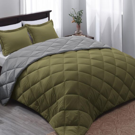 Basic Beyond Bettwäsche-Set für Doppelbett, wendbar, für alle Jahreszeiten, 1 Bettdecke (167,6 x 233,7 cm) und 1 Kissenbezug (50,8 x 66 cm + 5 cm), Olivgrün/Anthrazit