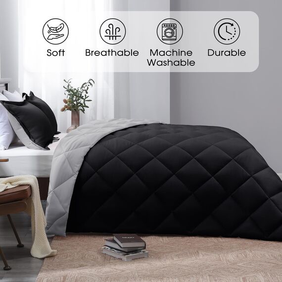 Basic Beyond Bettwäsche-Set für Doppelbett, wendbar, 1 Bettdecke (208,3 x 233,7 cm) und 2 Kissenbezüge (50,8 x 66 cm + 5 cm), Schwarz/Grau