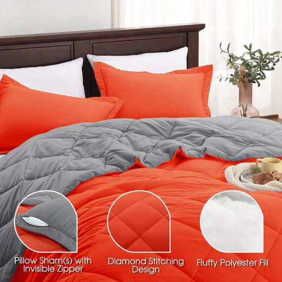 Basic Beyond Bettwäsche-Set für Doppelbett, wendbar, für alle Jahreszeiten, 1 Bettdecke (167,6 x 233,7 cm) und 1 Kissenbezug (50,8 x 66 cm + 5 cm), Orange/Anthrazit