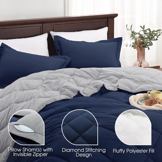 Basic Beyond Queen-Bettwäsche-Set – marineblaues Bettdecken-Set für Queen-Size-Betten, wendbar, Queen-Size-Set für alle Jahreszeiten, Marineblau/Grau, 1 Bettdecke (223,5 x 233,7 cm) und 2 Kissenbezüge