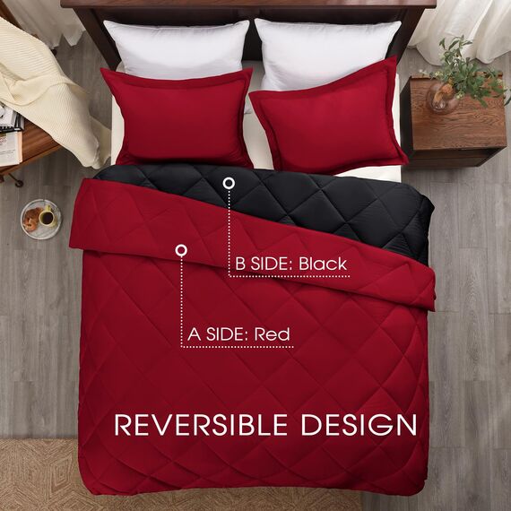 Basic Beyond Daunen-Alternativ-Bettwäsche-Set (Doppelbett, Schwarz/Rot) – wendbare Bettdecke mit 1 Kissenbezug für alle Jahreszeiten