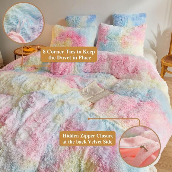 XeGe Regenbogen-Plüsch-Kunstfell-Bettbezug, Doppelgröße, Batikdruck, zottelig, flauschig, flauschig, samt, mit Reißverschluss, für Schlafzimmer, Teenager, Mädchen, Kinder (Doppelbett, Regenbogen)