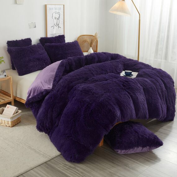 XeGe Kuscheliger zotteliger Plüsch-Bettbezug, 1 x flauschiger Kunstfell-Bettbezug, luxuriös, weich, flauschig, pelzig, einfarbig, Bettwäsche für Mädchen und Damen, Schlafzimmer, Reißverschluss
