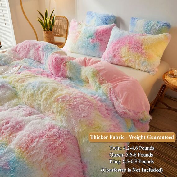 XeGe Regenbogen-Plüsch-Kunstfell-Bettbezug, Queen-Size-Größe, Batikdruck, zottelig, pelziger Bettbezug, weich, bunt, flauschig, flauschig, flauschig, Samt-Bettwäsche mit Reißverschluss für