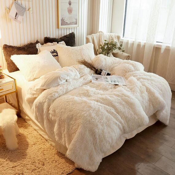 XeGe Plüsch-Bettbezug, zottelig, luxuriös, ultraweich, Kristall-Samt-Bettwäsche, 1 Stück (1 Kunstfell-Bettbezug), Reißverschluss (Kingsize-Bett, Hellbeige)