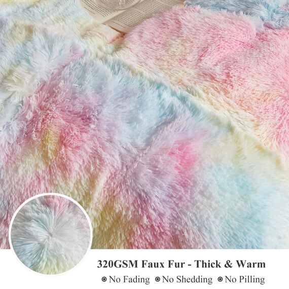 XeGe Regenbogen-Plüsch-Kunstfell-Bettbezug, Doppelgröße, Batikdruck, zottelig, flauschig, flauschig, samt, mit Reißverschluss, für Schlafzimmer, Teenager, Mädchen, Kinder (Doppelbett, Regenbogen)